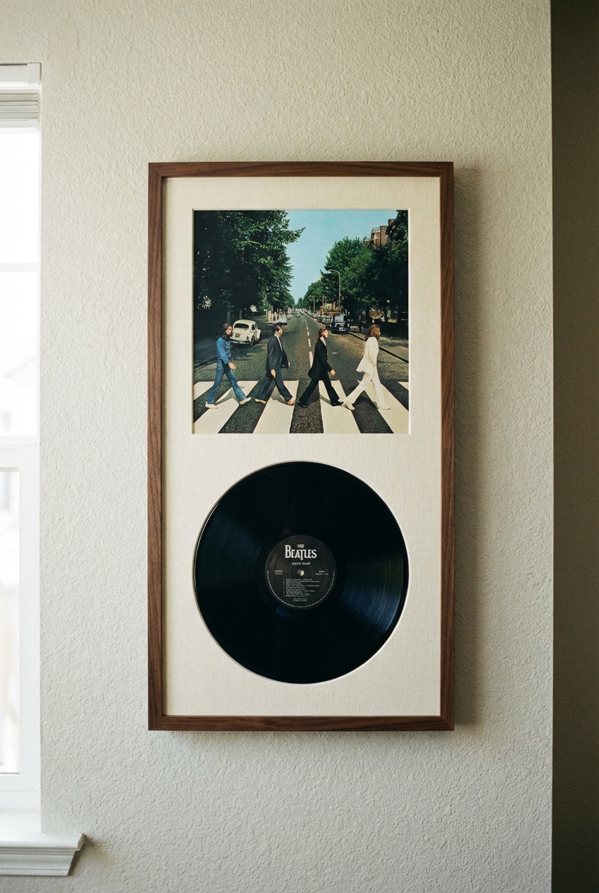 Framed vinyl record and album art